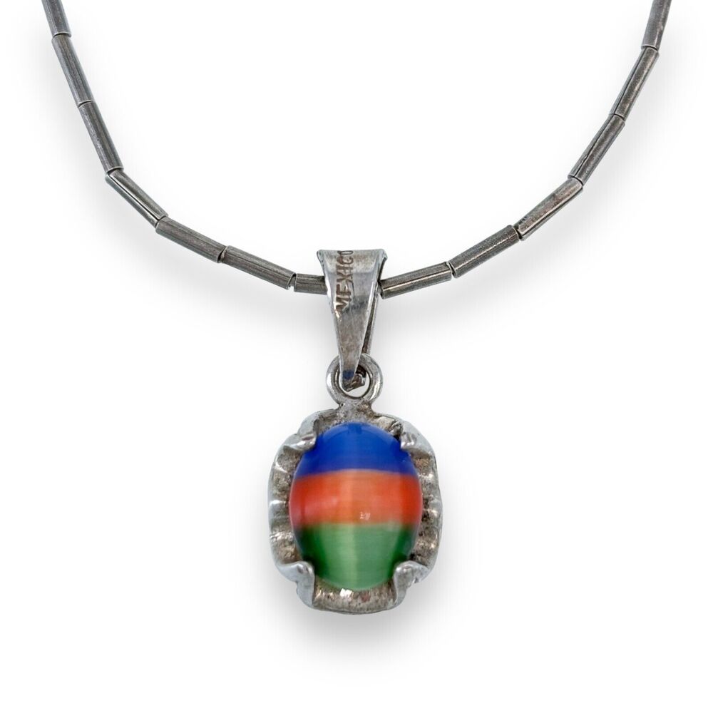 Vintage Sterling Silver 925 Mexico Multicolor Cat’s Eye Glass Pendant ONLY